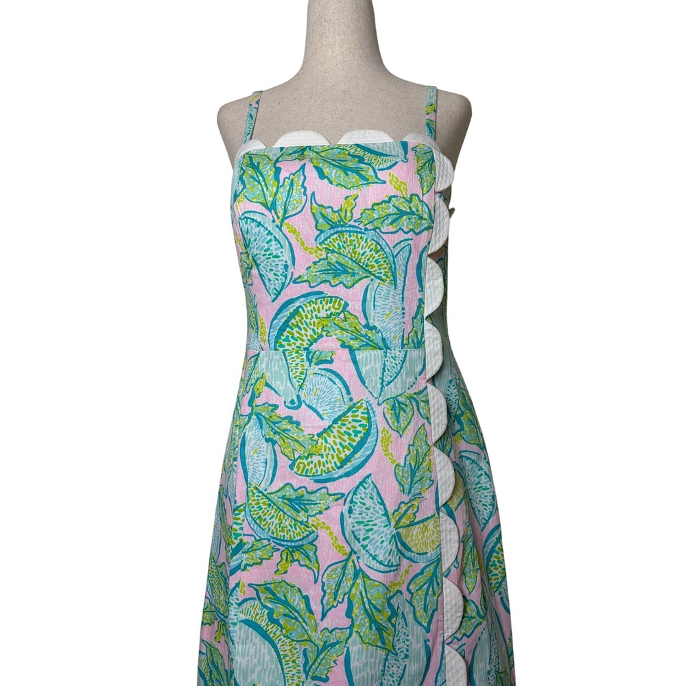 Lilly Pulitzer Women Pink Green Citrus Scallop Trim Smocked Shift Dress Size 4 - Picture 2 of 7